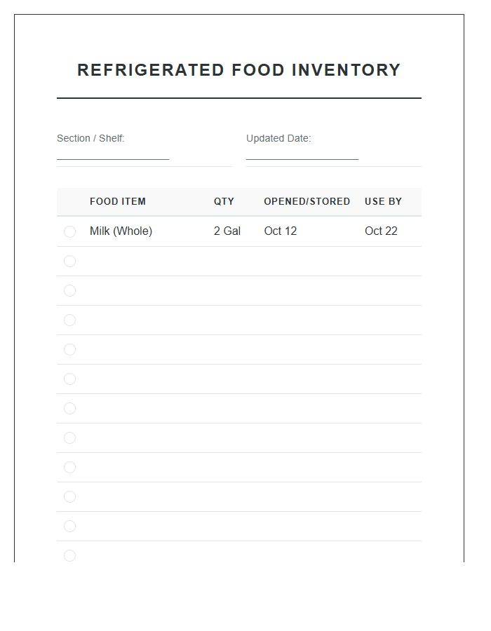 Refrigerated Food Storage Inventory Printable Chart