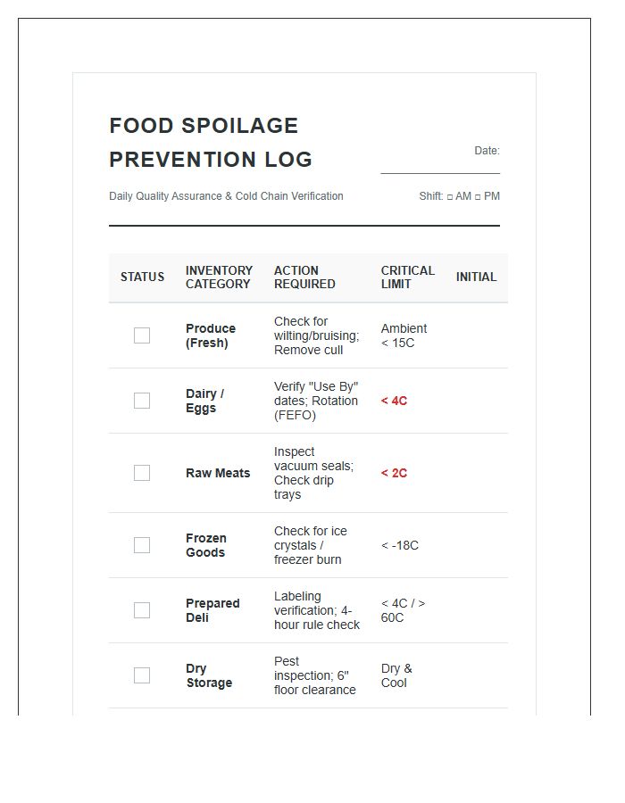 Retail Food Spoilage Prevention Printable Chart