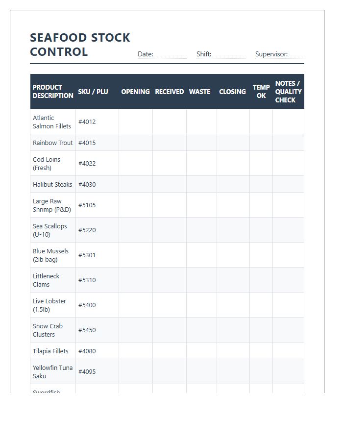 Seafood Department Stock Control Printable Chart