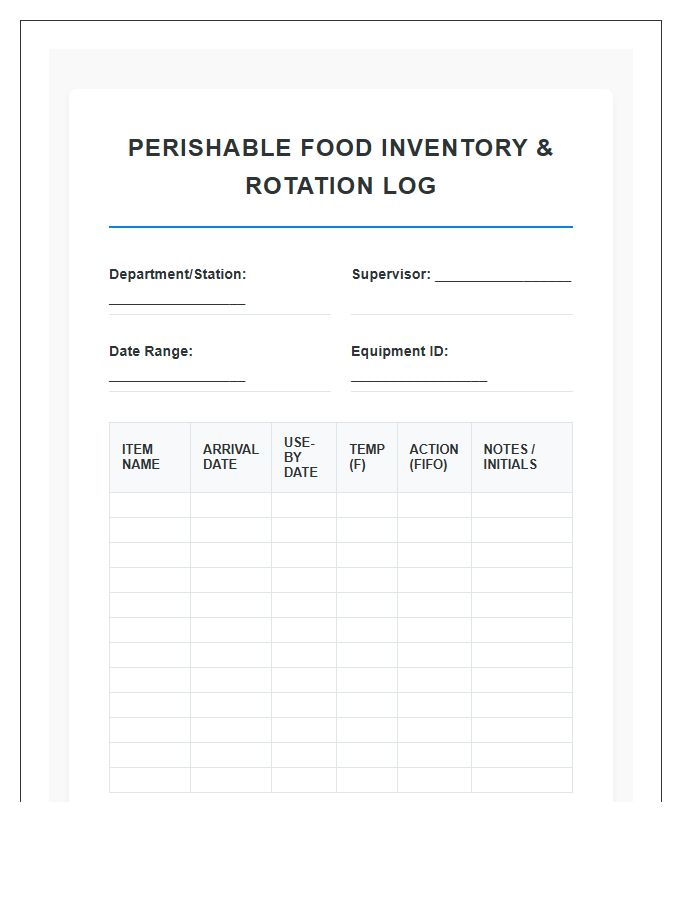 Small Business Perishable Food Printable Chart