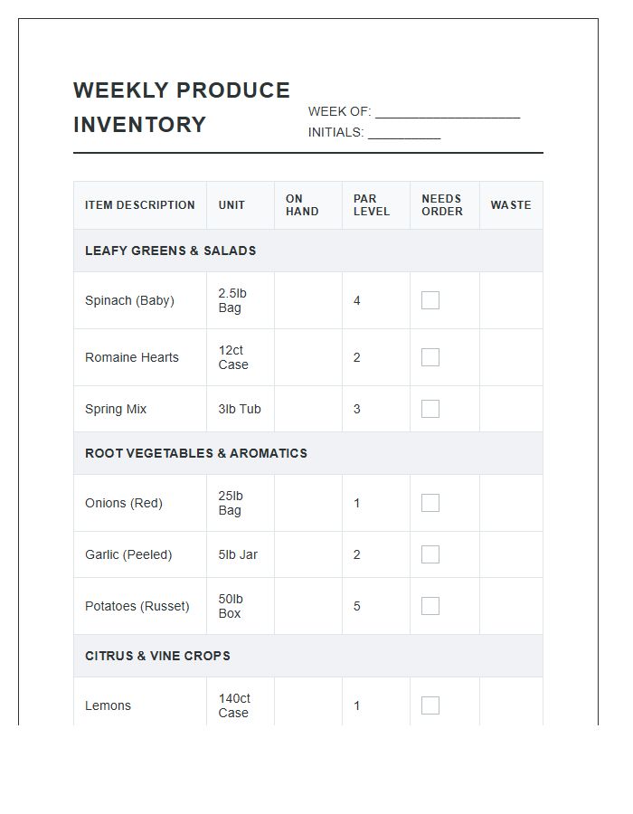 Weekly Produce Inventory Management Printable Chart