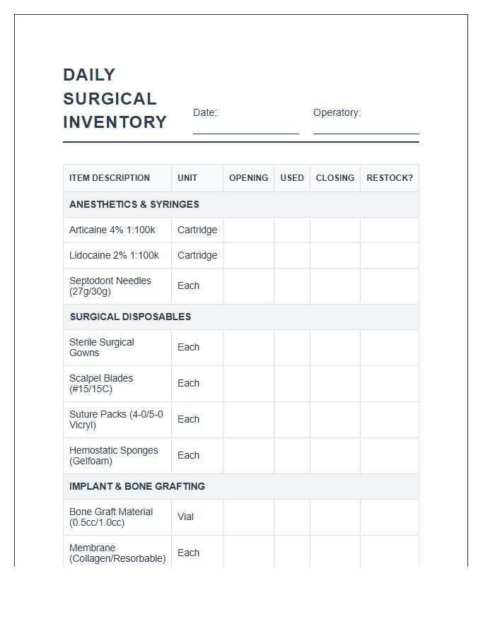 Daily Dental Surgical Inventory Tracking Printable Chart