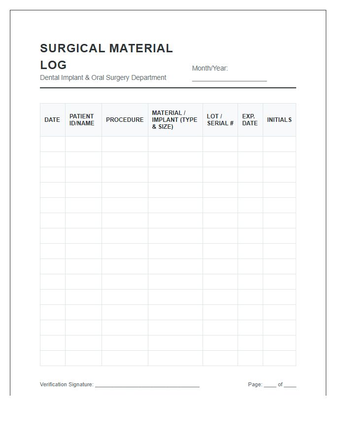 Dental Office Surgical Material Log Printable Chart