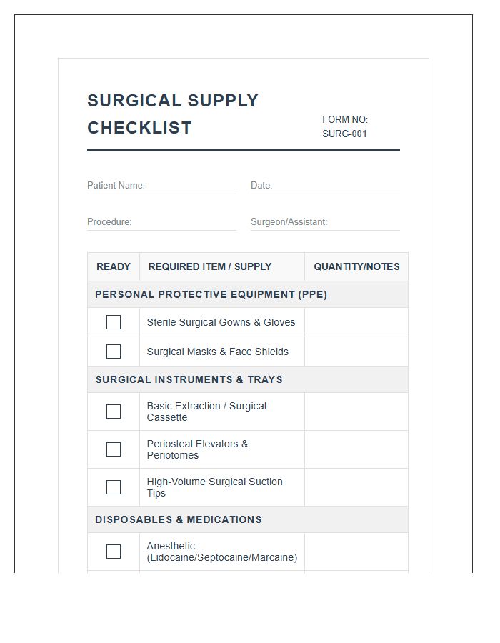 Dental Office Surgical Procedure Supply Printable Chart