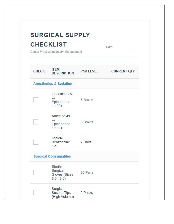 Dental Practice Surgical Supply Checklist Printable Chart