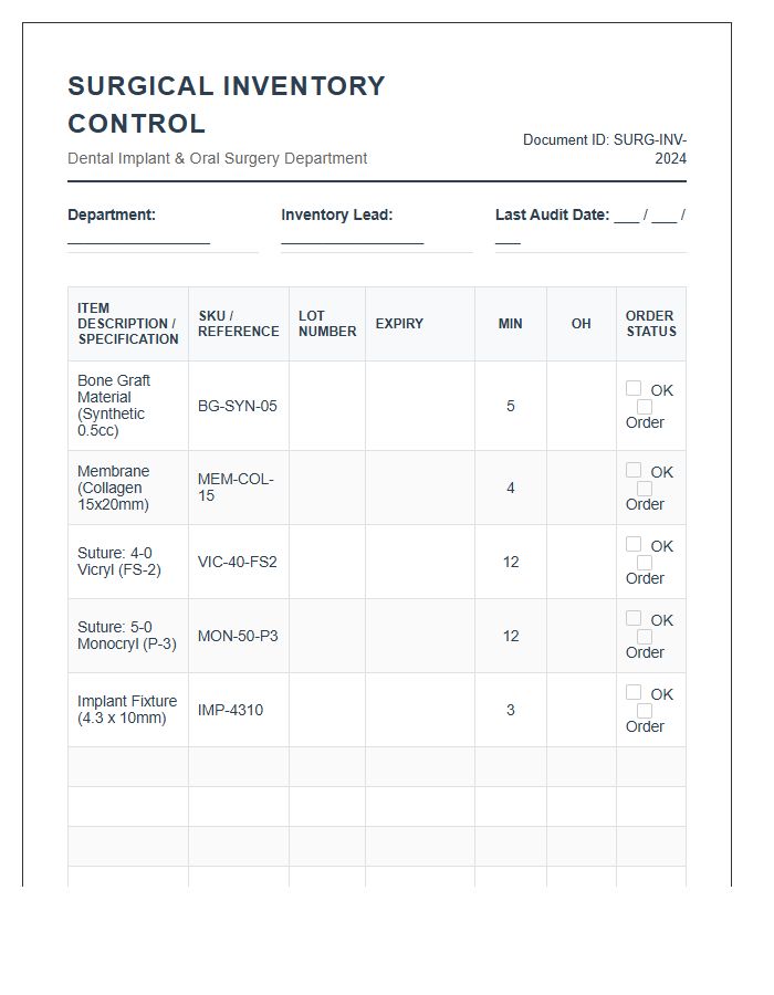 Professional Dental Surgical Inventory Tracking Printable Chart