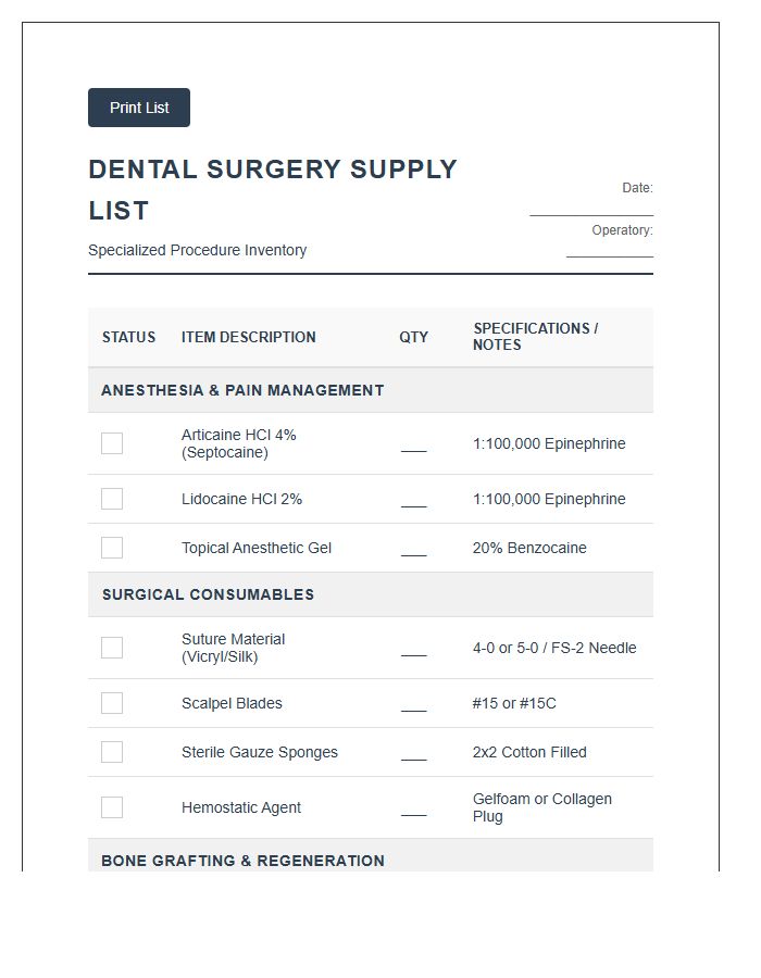 Specialized Dental Surgery Supply List Printable Chart