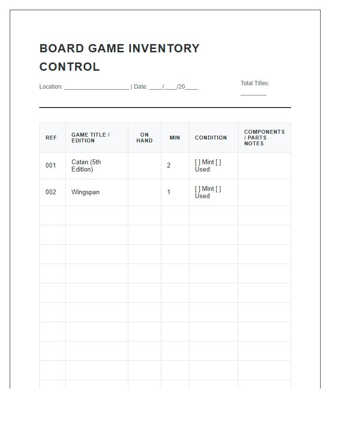 Board Game Stock Control Printable Chart