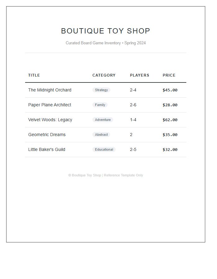 Boutique Toy Shop Board Game Printable Chart