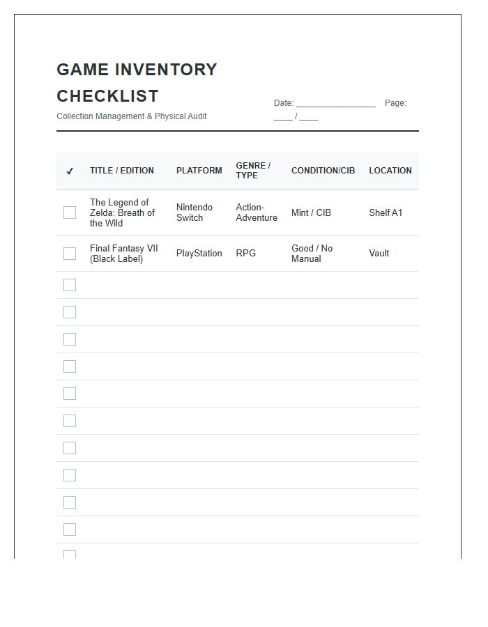 Comprehensive Game Inventory Checklist Printable Chart