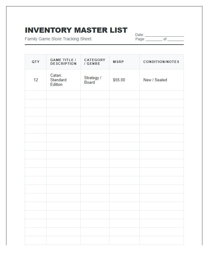 Family Game Store Inventory Printable Chart