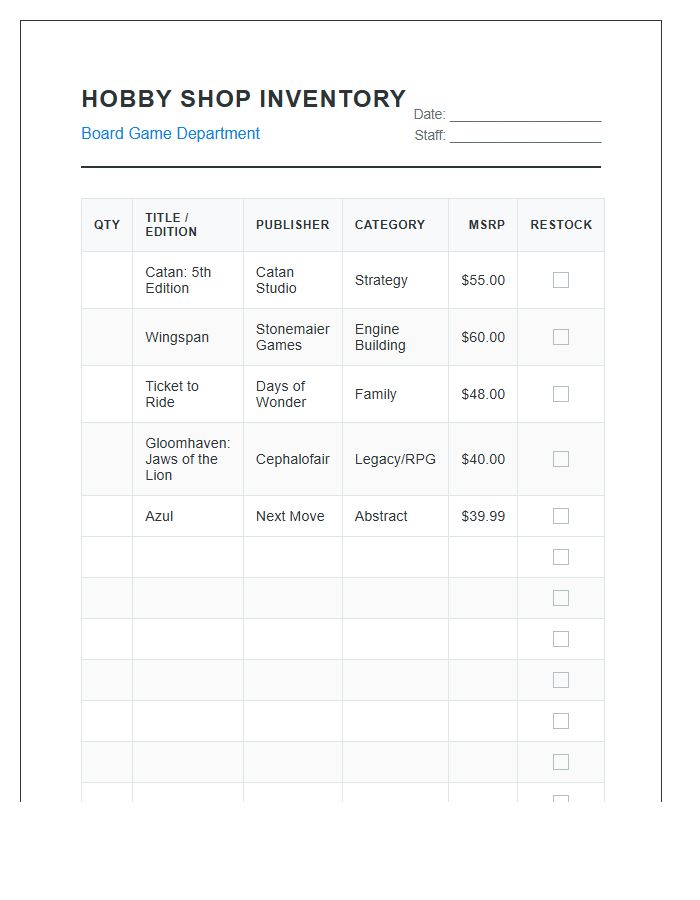 Hobby Shop Board Game Inventory Printable Chart