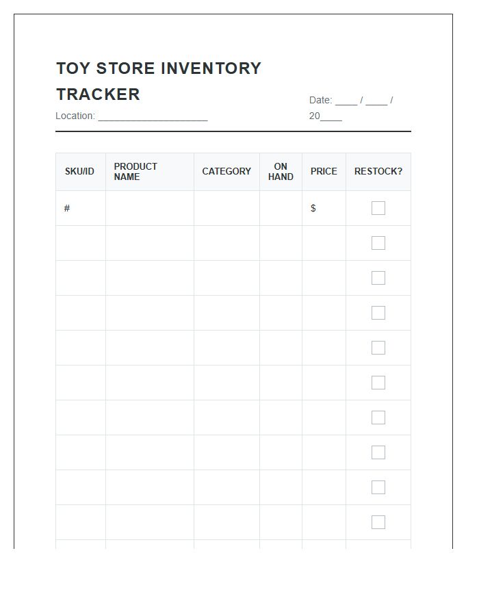 Local Toy Store Inventory Tracker Printable Chart