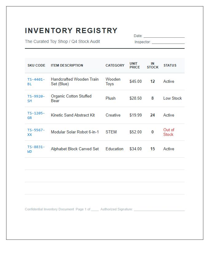 Professional Toy Shop Inventory Printable Chart