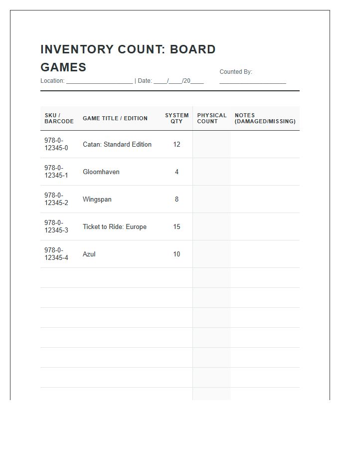 Retail Board Game Stock Count Printable Chart