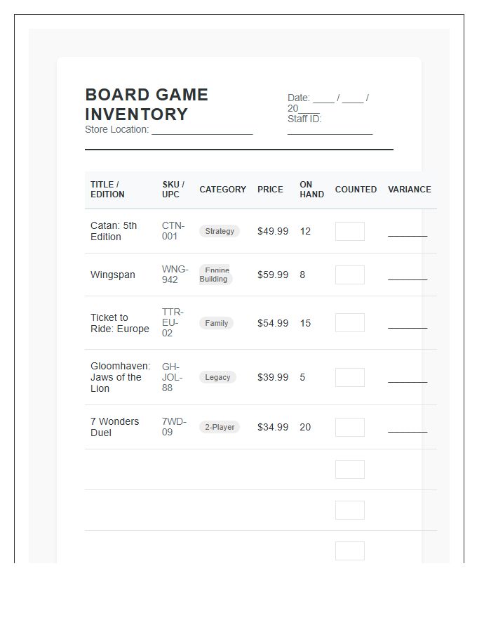 Retail Store Board Game Inventory Management Printable Chart