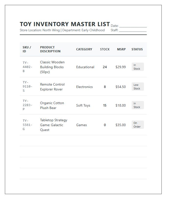 Retail Toy Inventory Management Printable Chart