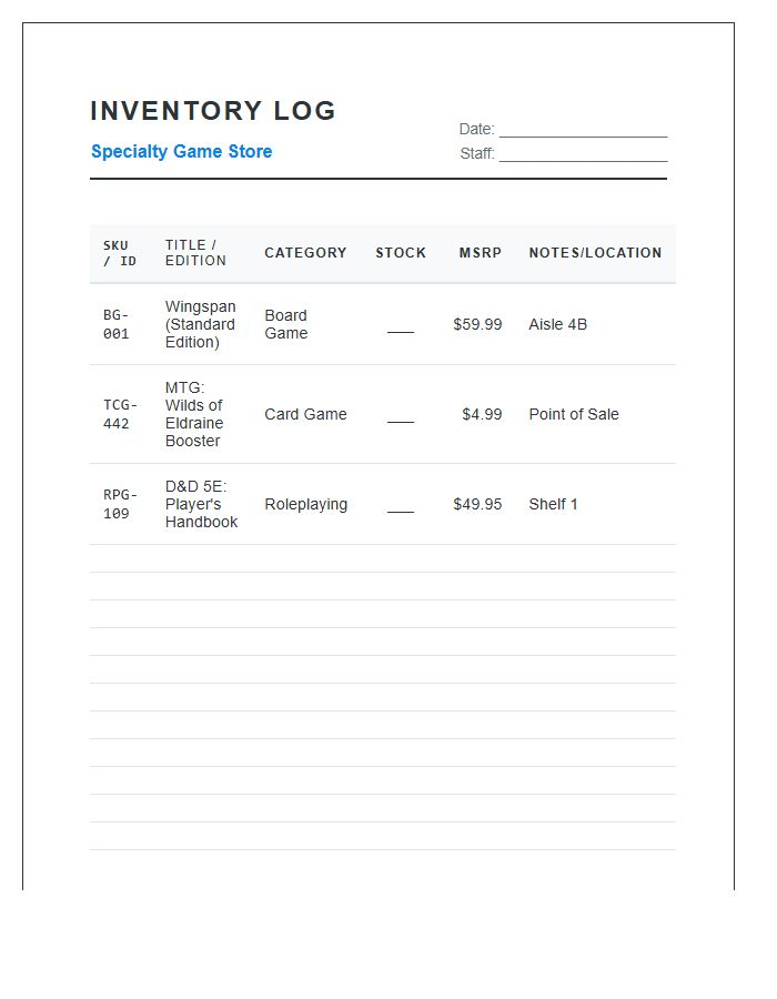 Specialty Game Store Inventory Printable Chart