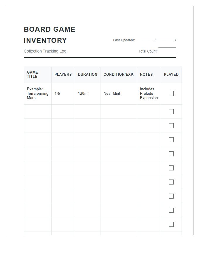 Tabletop Board Game Inventory Tracking Printable Chart