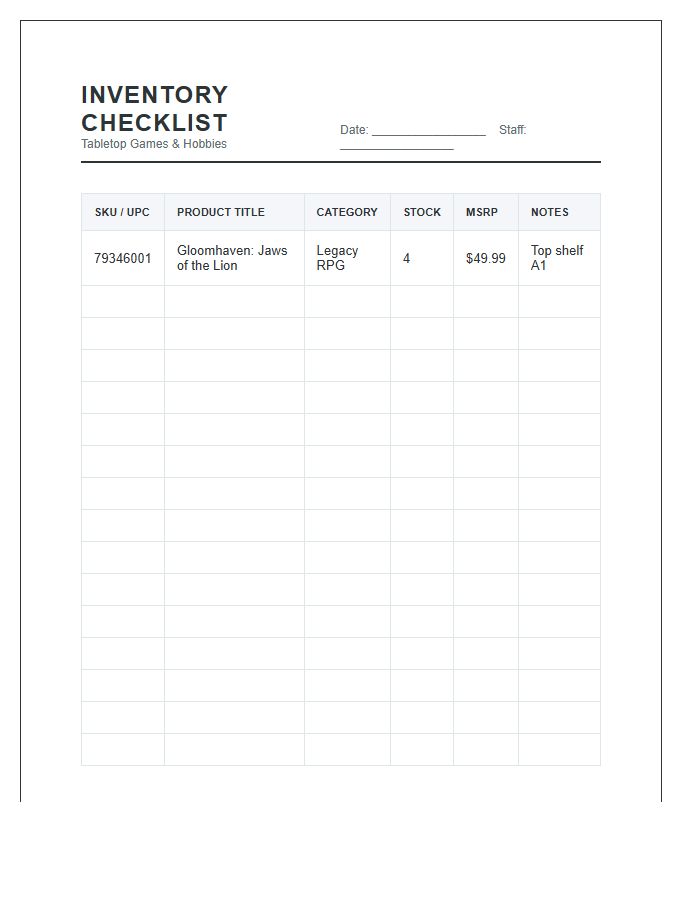 Tabletop Game Retail Inventory Printable Chart