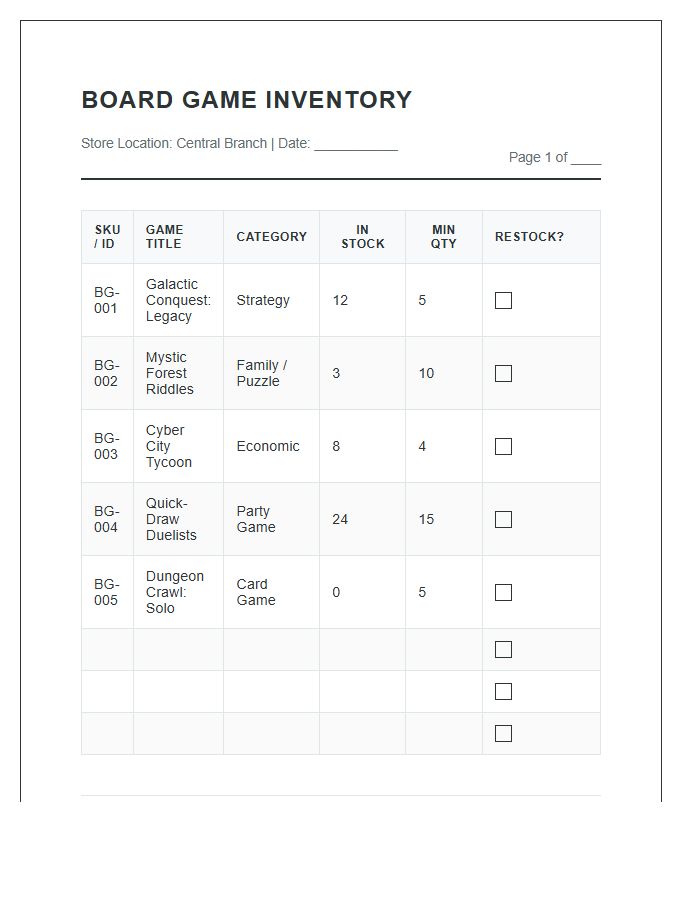 Toy Store Board Game Stock Inventory Printable Chart