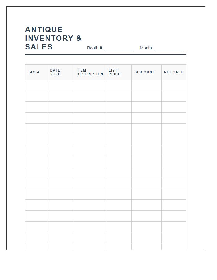 Antique Booth Sales Inventory Chart Printable