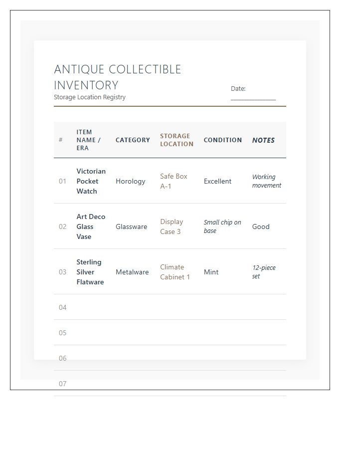 Antique Collectible Storage Location Chart Printable