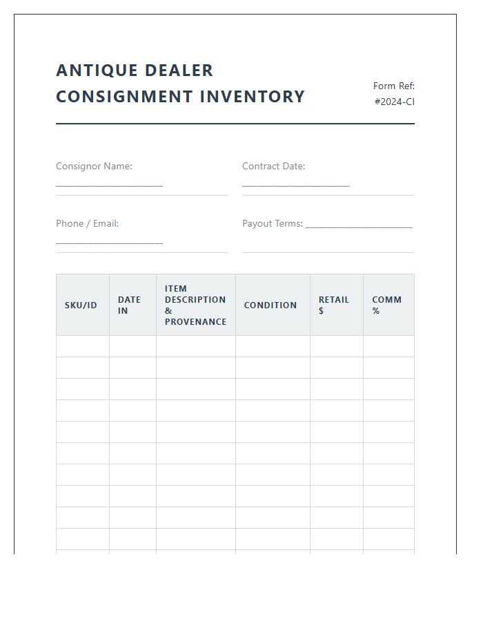 Antique Dealer Consignment Inventory Chart Printable