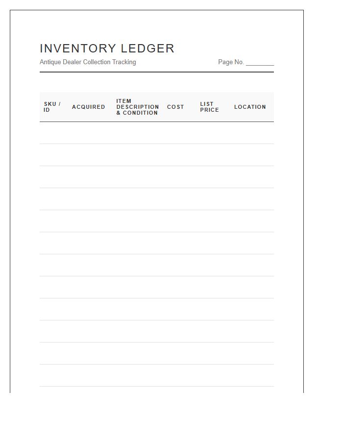 Antique Dealer Inventory Tracking Chart Printable