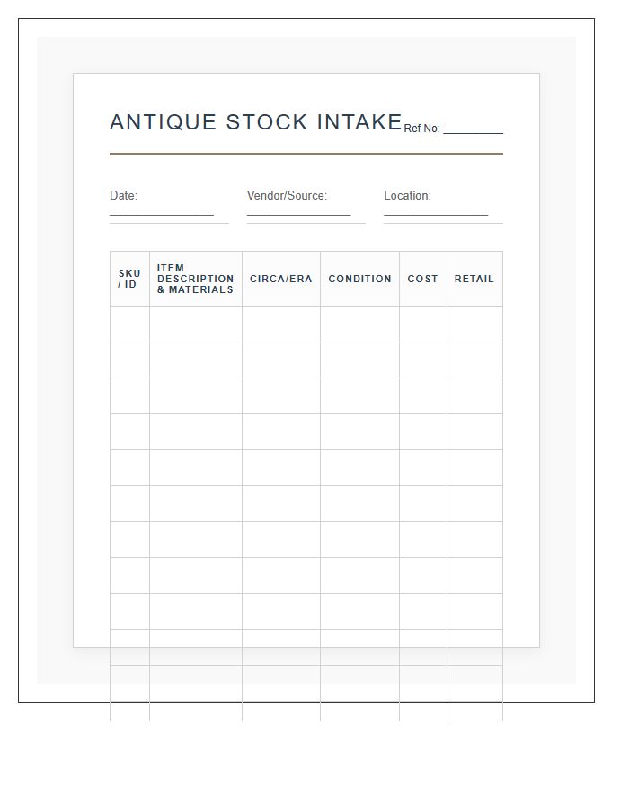 Antique Shop Stock Intake Chart Printable