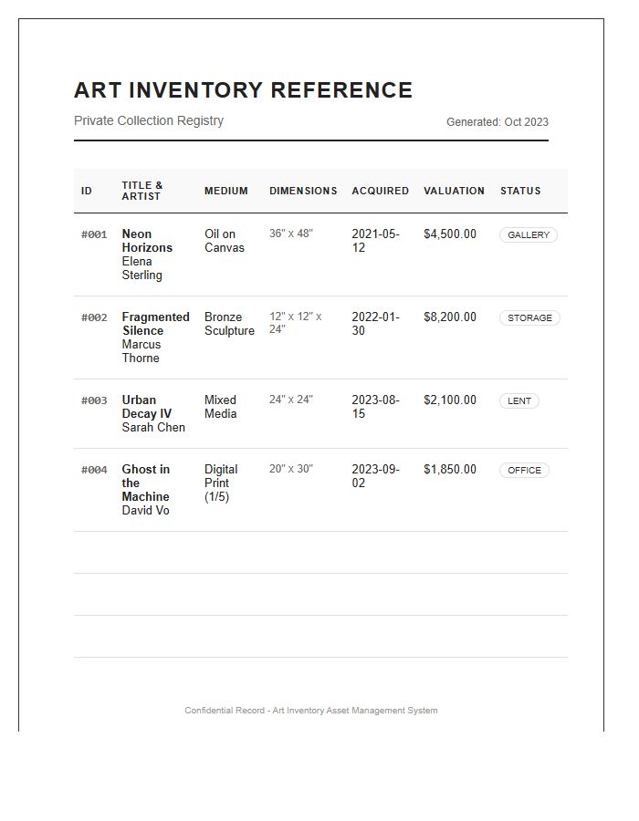 Collectible Art Inventory Reference Chart Printable