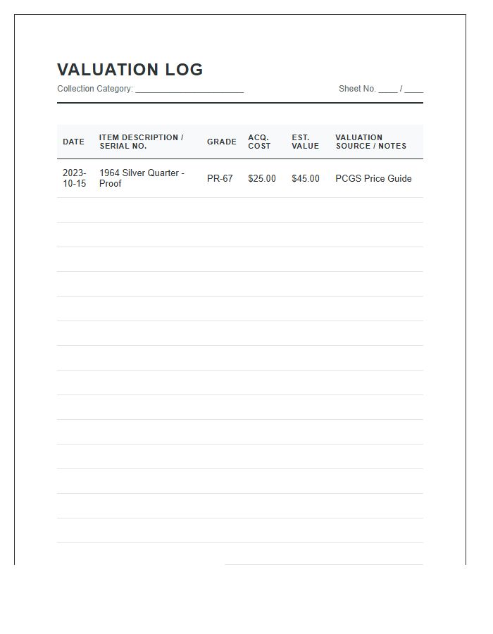 Collectible Item Valuation Log Chart Printable