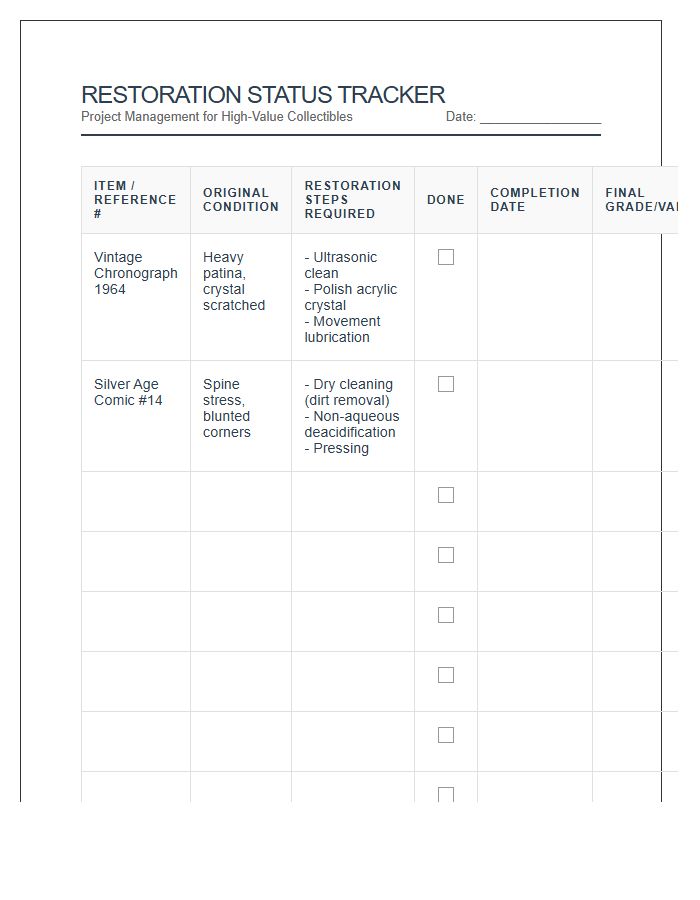 Collectible Restoration Status Tracking Chart Printable