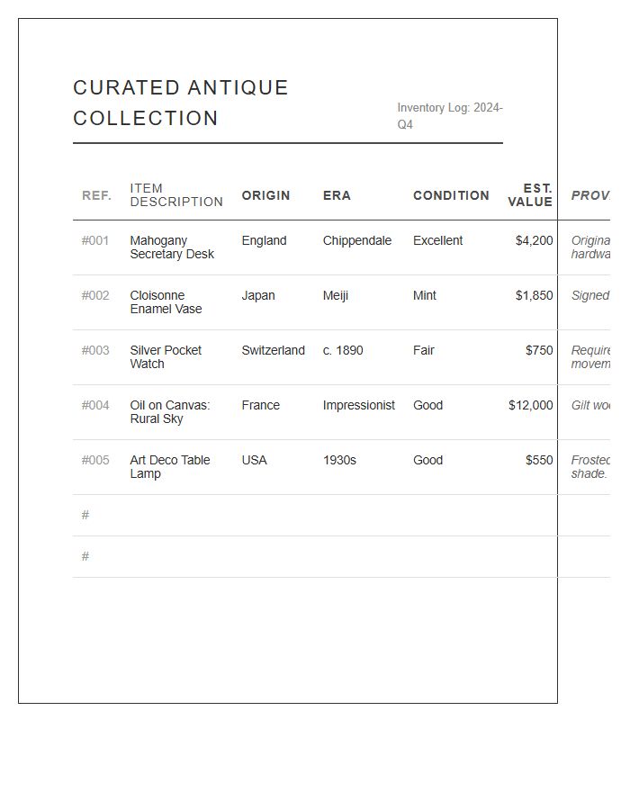 Curated Antique Collection Inventory Chart Printable