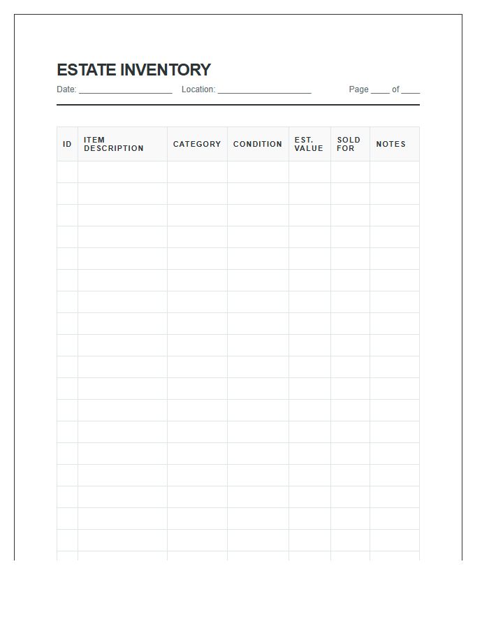 Estate Sale Inventory Management Chart Printable