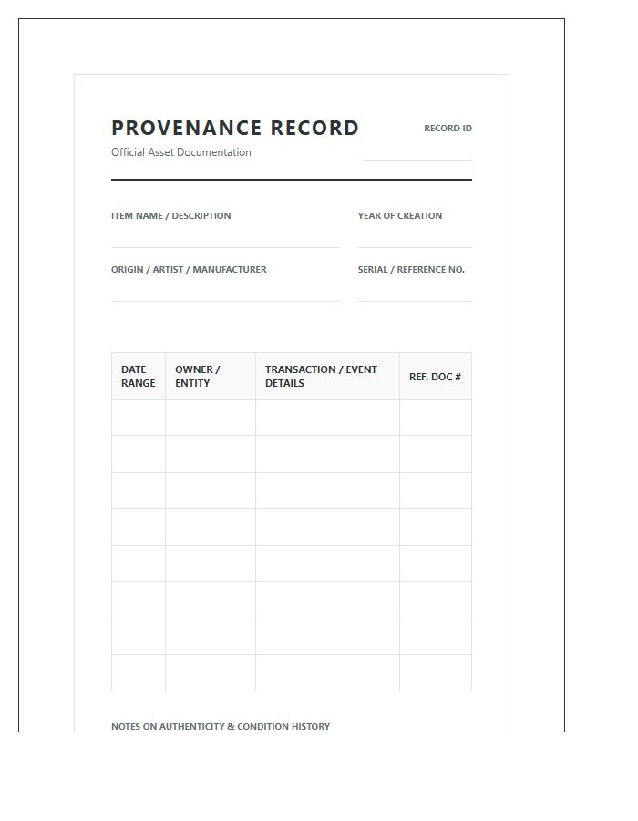 Rare Collectibles Provenance Record Chart Printable