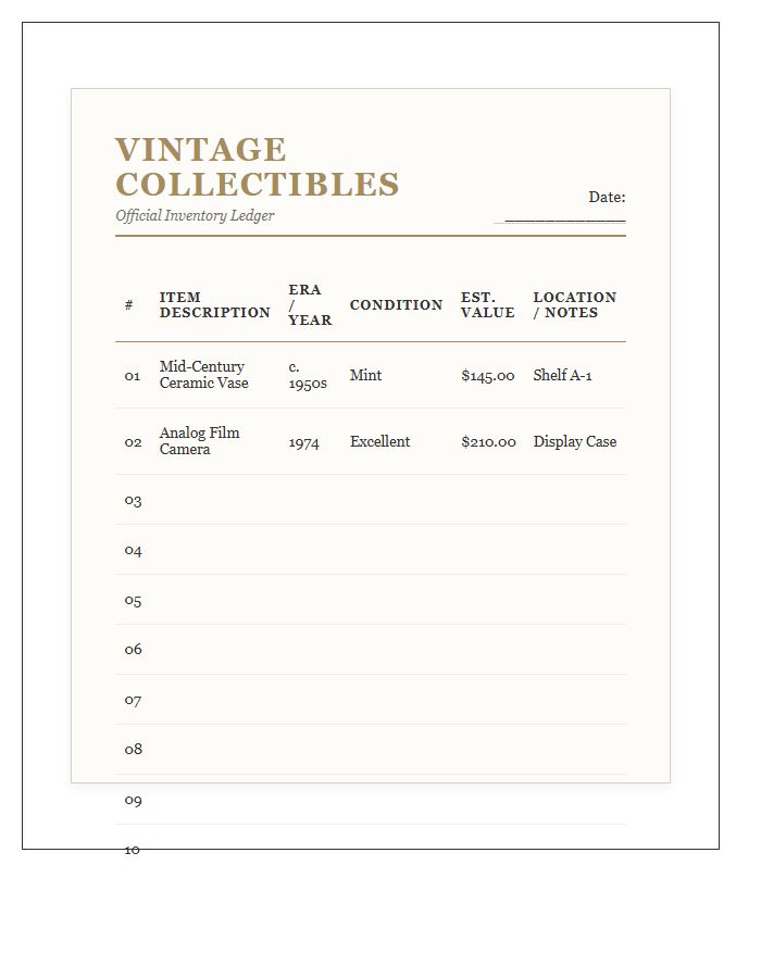 Vintage Collectibles Inventory Record Chart Printable