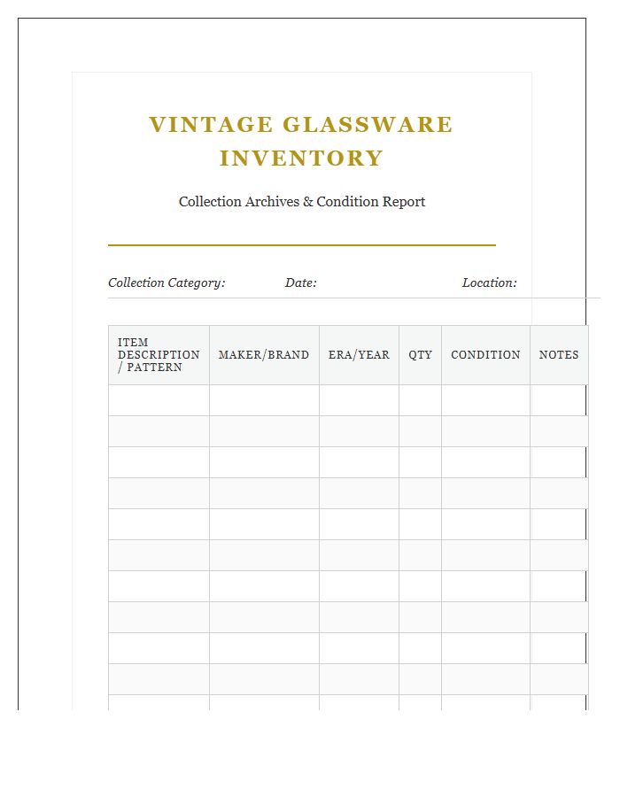 Vintage Glassware Inventory Log Chart Printable