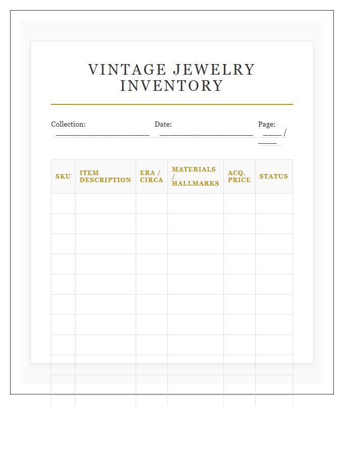 Vintage Jewelry Inventory Detail Chart Printable