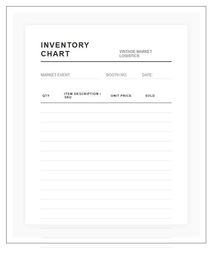 Vintage Market Vendor Inventory Chart Printable