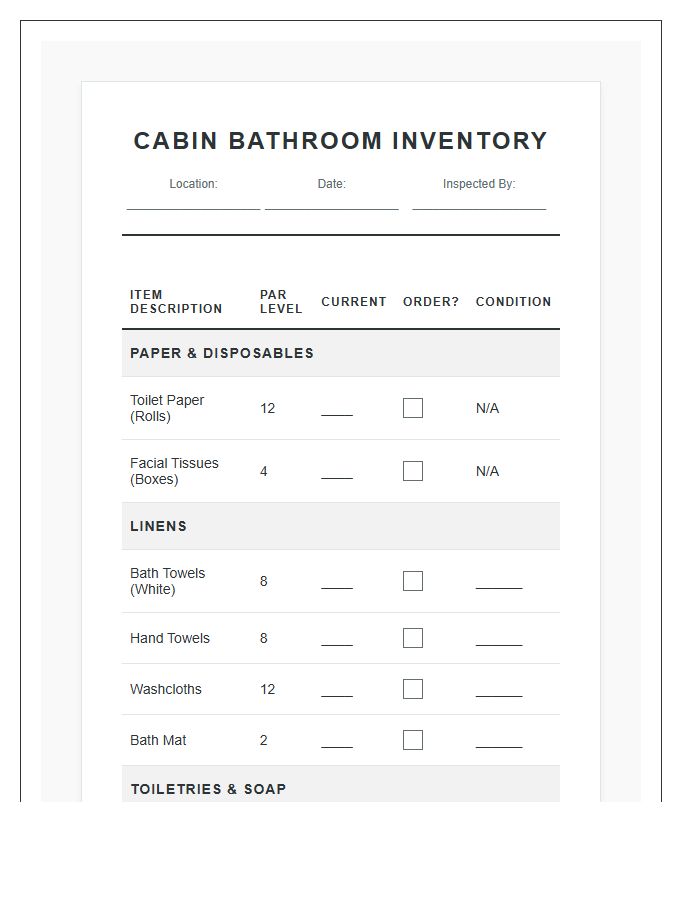 Cabin Bathroom Supply Inventory Printable Chart