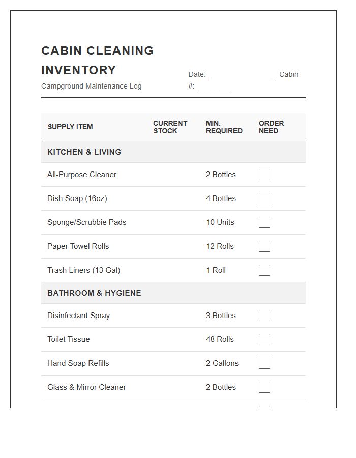 Campground Cabin Cleaning Supply Inventory Printable Chart