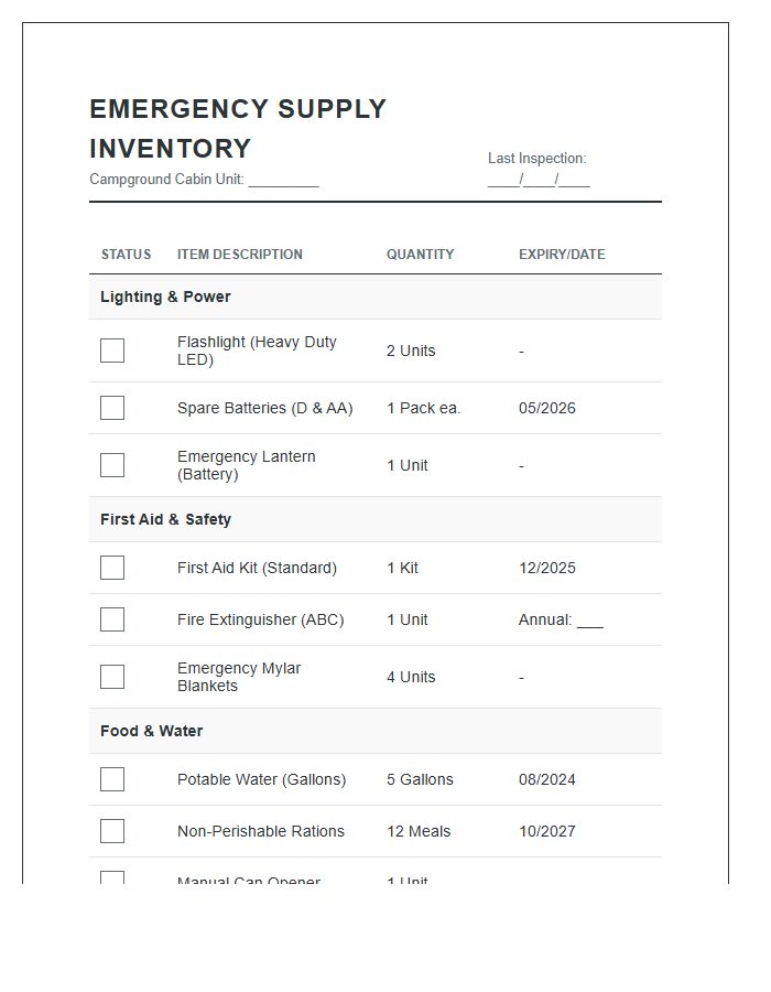Campground Cabin Emergency Supply Inventory Printable Chart