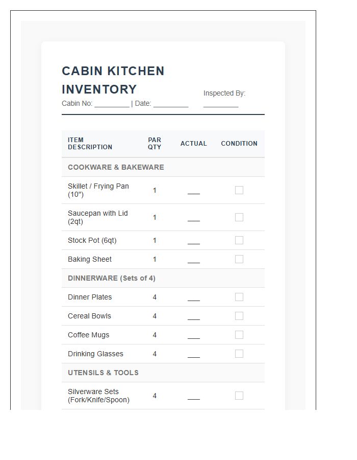Campground Cabin Kitchen Supply Inventory Printable Chart