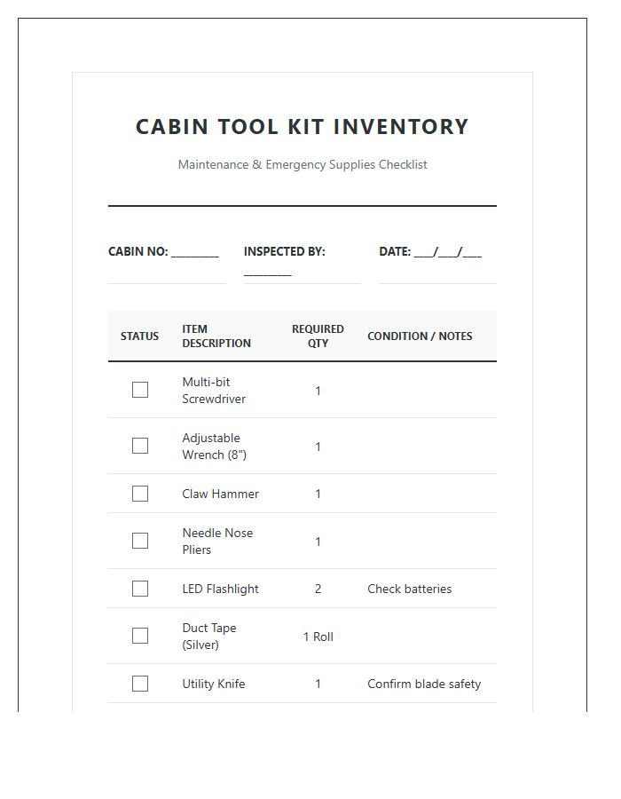 Campground Cabin Tool Kit Inventory Printable Chart