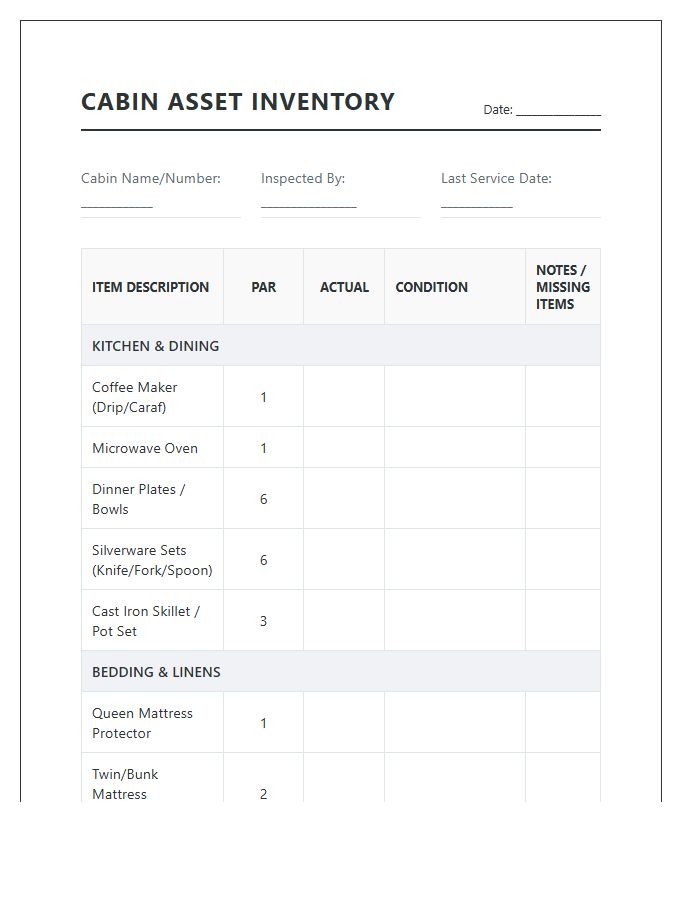 Comprehensive Campground Cabin Asset Inventory Printable Chart