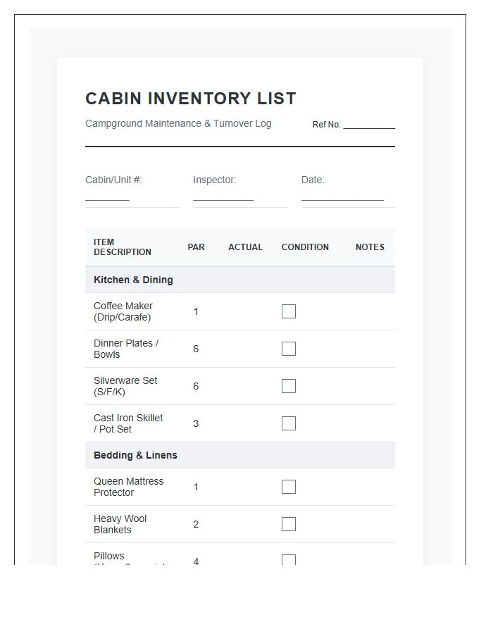 Detailed Campground Cabin Unit Inventory Printable Chart