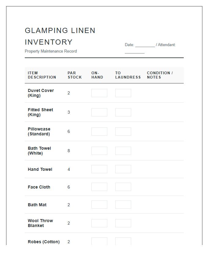 Glamping Cabin Linens Inventory Printable Chart