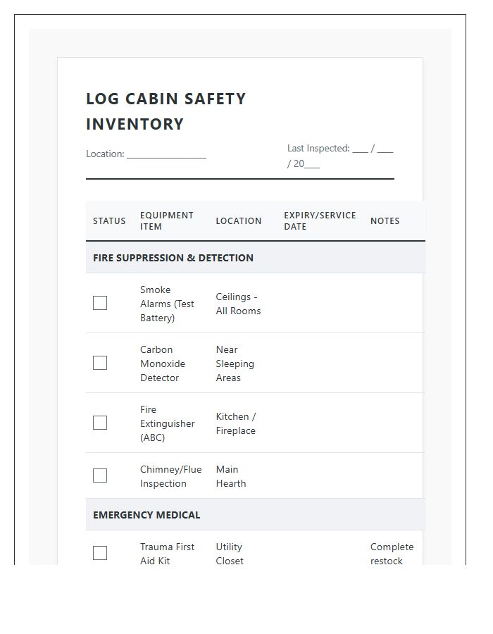 Log Cabin Safety Equipment Inventory Printable Chart