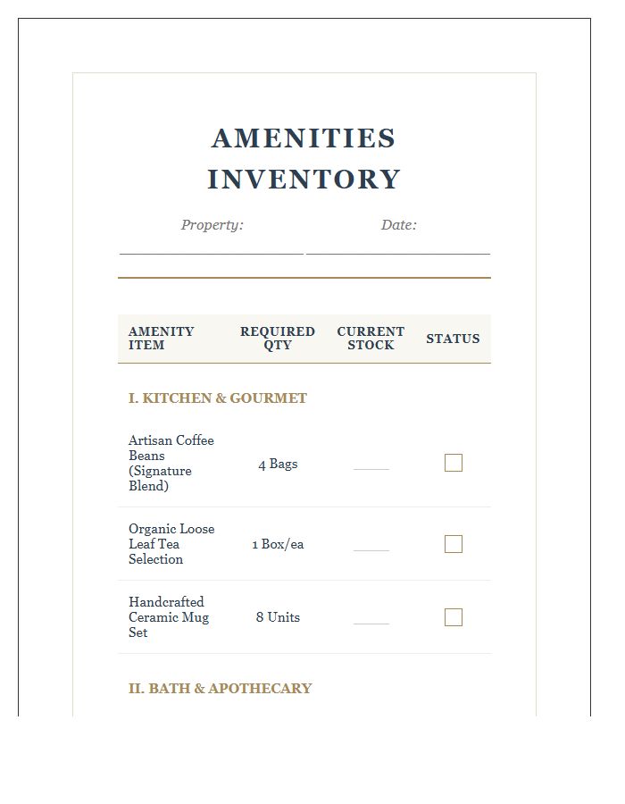 Luxury Cabin Amenities Inventory Printable Chart